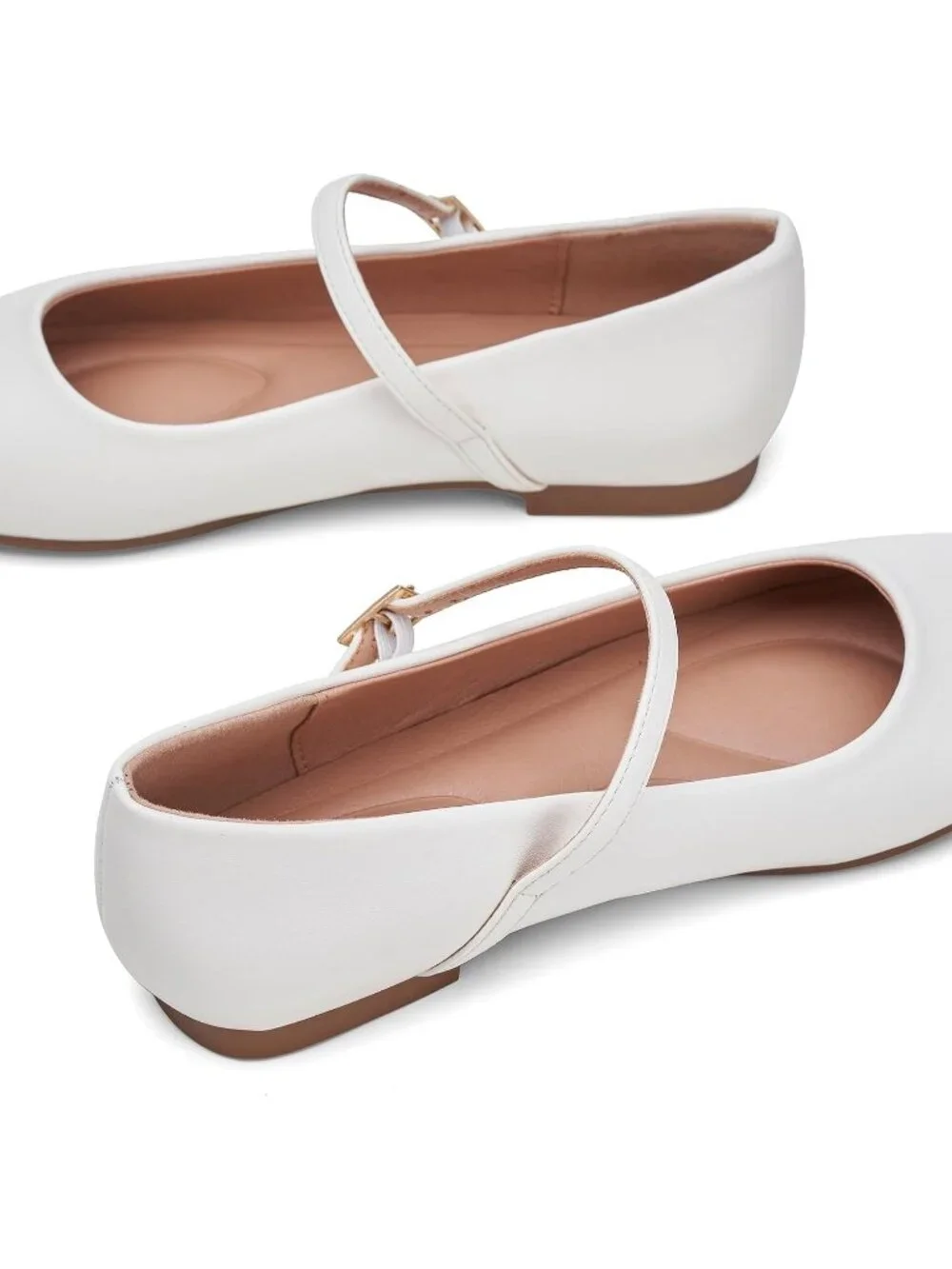 Women's White Square Toe With Adjustable Buckle Strap Ballet Flat Slip On Shoes